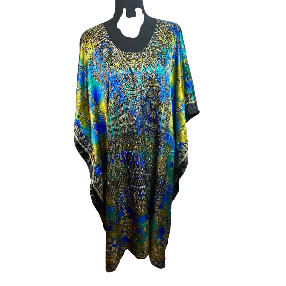 Sante Classics Women Blue Green Gold Dashiki Print Kaftan Maxi Dress One Size